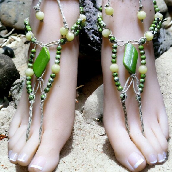 NEW Green & Yellow Beaded Barefoot Sandals. Handmade foot jewelry. - Picture 5 of 6